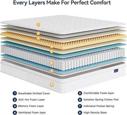 Vesgantti 12 Inch Multilayer Hybrid California King Mattress - Multiple Sizes & Styles Available, Ergonomic Design with Memory Foam and Pocket Spring, Medium Firm Feel, White