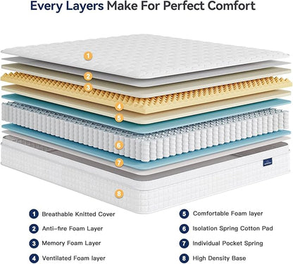 Vesgantti 10 Inch Multilayer Hybrid Twin Mattress - Multiple Sizes & Styles Available, Ergonomic Design with Memory Foam and Pocket Spring, Medium Firm Feel, White
