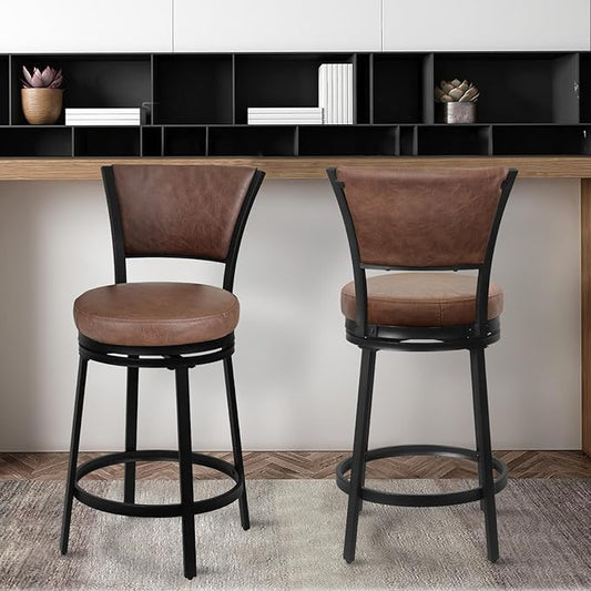 Bar Stools, Counter Height Barstools Set of 2, 25" Faux Leather Metal Round Swivel Bar Chairs with Back, Modern Upholstered Counter Stools for Kitchen Island, Brown