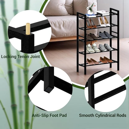 Haddockway Bamboo Shoe Rack for Closet, Free Standing Shoe Organizer with Smooth Round Rods & Convenient Handles, Stackable Shoe Storage Shelf for Entryway, Hallway(Black, 5-Tier)