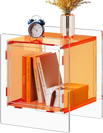 Acrylic End Table, Side Table Nightstand with Open Storage Shelf, 2-Tier Bedside Table Home Decor Display for Bedroom, Living Room, Office (1, Orange)