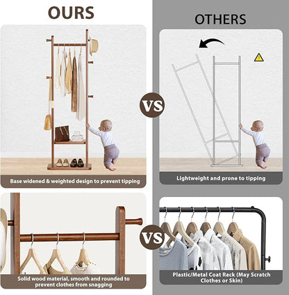 Solid Wood Coat Rack Clothes Rack, Coat Rack Freestanding with 2 Shelves and 5 Hooks, Heavy Duty Coat Tree for Entryway, Living room, Coat Hanger Stand for Hats, Bags Clothes(Walnut Brown)