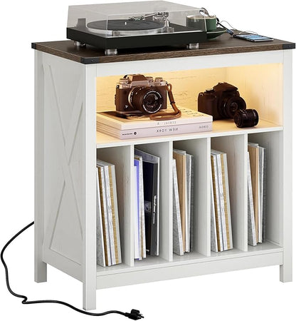 ChooChoo Large Record Player Stand with Charging Station & LED Light, Vinyl Record Holder hold up to 300 Albums, Farmhouse End Table for Bedroom, Living Room, Soft White