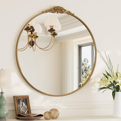 TokeShimi 30x30 Vintage Mirror with Metal Frame,Gold Antique Round Mirror for Wall,Fireplace,Living Room,Baroque Wall-Mounted French Cleat Mounting