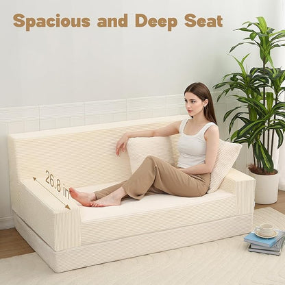 MeMoreCool Boneless Folding Sofa Bed Queen, Corduroy Convertible Sleeper Chair, Foldable Foam Mattress Chair, Comfy Fold‑Out Futon Couch Bed, Large Floor Sofa Couch for Living Room Guest