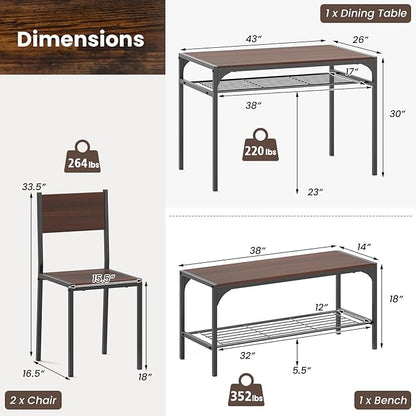 Tangkula Dining Table Set for 4, Kitchen Table and 2 Chairs for 4 with Bench, Additonal Storage Rack, 4 Piece Dining Table Set for Small Space, Apartment