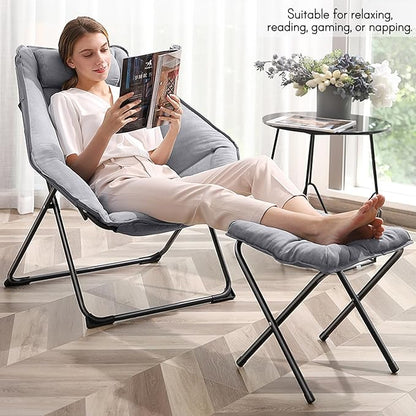 Hexagon Foldable Living Room Chair, Saucer Chair for Adults, Comfy Bedroom Lounge Chair, Moon Chair, Lazy Folding Chair for Dorm Rooms (Ottoman-Grey)