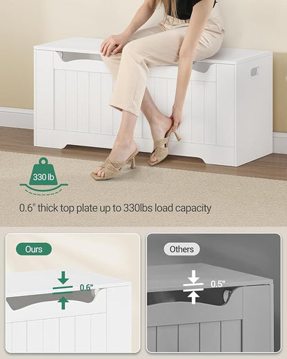 43.3" Storage Chest, Extra Large Storage Trunk with 2 Safety Hinges, Lift-Top Bench Box, Wooden Chest Organizer, Shoe Bench for Entryway, Bedroom, Living Room, White SB25503X