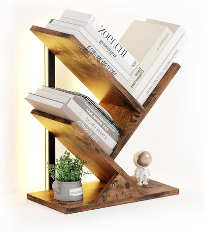 Tree Bookshelf with LED Lights, 3 Tier Floor Standing Bookcase, Classical Corner Shelf Kids Bookshelf, Tall Wood Book Storage for Bedroom, Living Room, Home Office, Brown