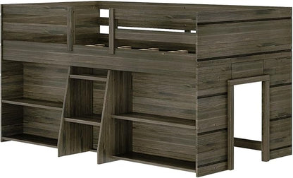 Max & Lily Modern Farmhouse Low Loft Bed, Twin Bed Frame for Kids with 2 Bookcases, Barnwood Brown