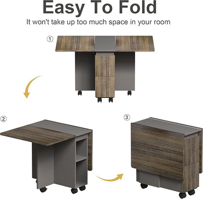 Ball & Cast 5 Pieces Folding Extendable Dining Table Set with 4 Chairs for 4 Peoples,55'' Drop Leaf Wood Kitchen Table Set w/Storage and 6 Wheels,Easy to Assemble,for Small Space,Brown+Gray