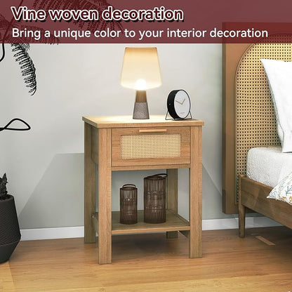IBUYKE Rattan Nightstand, Boho Night Stand with Drawer, Wood Bedside Tables with Storage Shelf, End Table with Legs for Bedroom, Natural UWNS011N