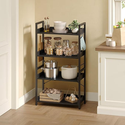 Rolanstar Bookshelf 4 Tier with 4 Hooks, Industrial Bookcase, Vintage Storage Rack with Open Shelves, Rustic Standing Bookshelves Metal Frame Display Rack for Living Room, Bedroom, Black