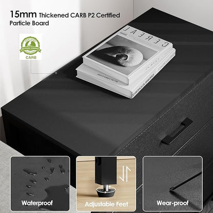 Nightstand with 3 Drawers for Bedroom, Storage Dresser with Fabric Drawers and Metal Frame for Closet, Living Room, Bedside Table with Wood Top, Easy Pull Handle, Black