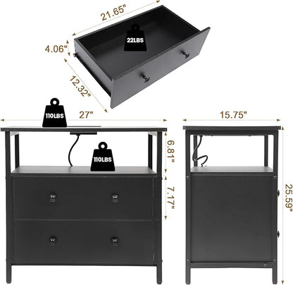 27 inch Wide Nightstand with Charging Station, Bedside Table with Open Shelf, 2 Drawers Small Wood Dresser, End Side Table for Bedroom (2 Pack,Black)