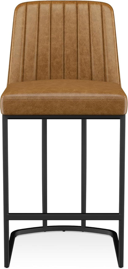 Counter Height Bar Stools Set of 6, Upholstered Leather Barrel Barstools with Back and Metal Legs for Kitchen Island, 27.4" Seat Height, Fabric in Faux Leather, Rustic Brown