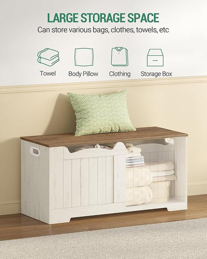 39.4" Storage Chest, Storage Bench Trunk with 2 Safety Hinge, Wooden Box, Lift-Top Chest Organizer, Shoe Bench for Entryway, Bedroom, Living Room, White and Brown SB01014B