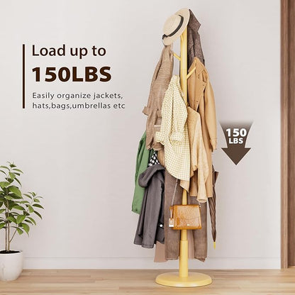 Solid Wood Coat Rack Freestanding Coat Tree with 10 Hooks for Bedroom, Livingroom, Entryway, Sturdy Coat Hanger Stand for Hats, Coats, Scarves, Handbags, Purses
