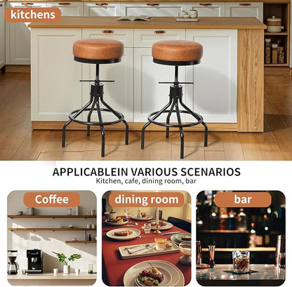 Industrial Bar Stools Adjustable Swivel Round Barstools Modern PU Leather 28inch Backless Counter Height Stool Metal Bar Chair for Kitchen Island (1, Brown)