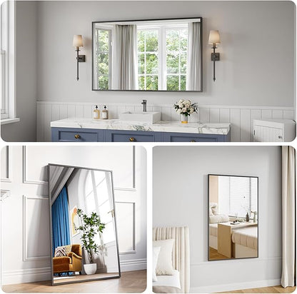 Koonmi Bathroom Mirror 30x48 Black Bathroom Wall-Mounted Mirrors, Modern Vanity Mirror for Bedroom, Living Room, Aluminum Alloy Frame Allow to Hang Horizontally or Vertically