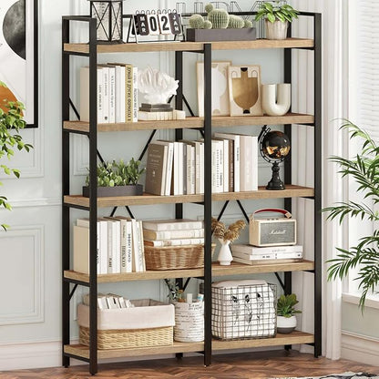 FATORRI Bookshelf, 5 Tier Industrial, Tall Etagere Bookcase, Rustic Wood and Metal Book Shelf with Large Open Shelving Unit for Home Office Living Room (Rustic Oak, 51 Inch Wide)