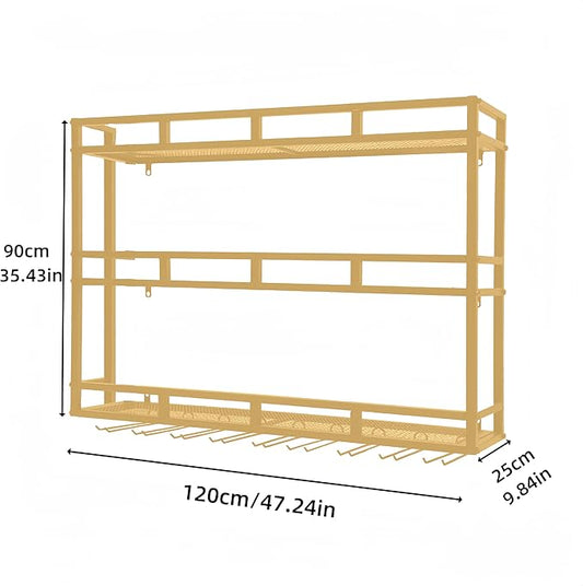 47 Inch Metal Wine Rack Wall Mounted, Bar Shelves for Liquor Bottles with LED Light, 3 Tier Large Capacity Liquor Rack Wall Mounted with Glass Holder for Home Bar & Dining Room, Gold