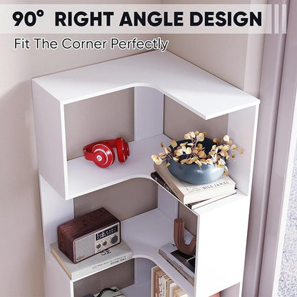 Corner Bookshelf, 68.9" Tall Wooden Corner Bookcase 5 Tiers L-Shaped Storage Freestanding Display Rack Large Open Bookshelf with Fixture for Living Room Bedroom Study Office (White)