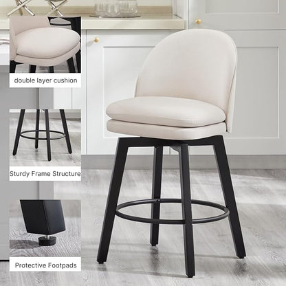 Counter Height Barstools 26 inch Upholstered Swivel Bar Stools with Back and Wood Legs for Kitchen Island,Set of 1,Beige Fabric-Armless