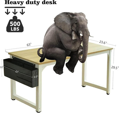 Large Computer Desk - 63 Inch Home Office Desks Study Student Writing Table Gaming Desk Wood Modern Simple Table with Storage Bag & Headphone Hooks, Rustic White