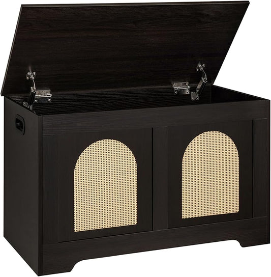 DINZI LVJ Storage Chest, 31.5" Rattan-Like Toy Box with 2 Safety Hinges, Wooden Entryway Storage Bench with Flip-Top, Storage Trunk for Living Room, Bedroom, Easy Assembly, Espresso and Natural
