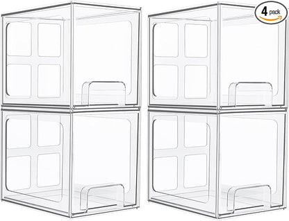 Vtopmart 4 Pack Stackable Storage Drawers, 6.6''Tall Acrylic Bathroom Makeup Organizers,Clear Plastic Drawers For Vanity, Undersink, Kitchen Cabinet,Pantry Organization and Storage
