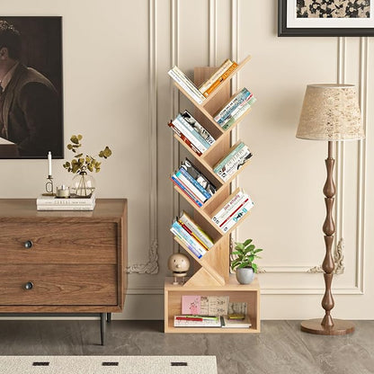 9 Tier Tree Bookshelf,Christmas Green Bookcase for Narrow Space, Storage Organizer Floor Standing Bookshelves for Books, Tall Book Case for Home Office, Living Room, Bedroom