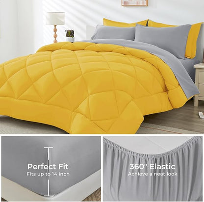 HEVUMYI Queen Comforter Set - 7-Piece All Season Bed in a Bag Queen, Ultra Soft Bedding Set with Comforter, Flat Sheet, Fitted Sheet, Pillowcases, Pillow Shams, Yellow & Light Grey