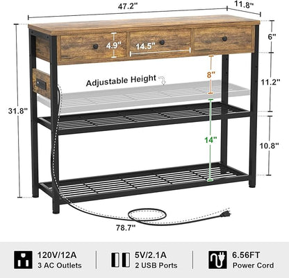 Ecoprsio 47'' Entryway Table with Outlets and USB Ports, Console Table with 3 Drawers, Sofa Table Narrow Long with Storage Shelves for Living Room, Couch, Hallway, Foyer, Kitchen Counter, Rustic Brown