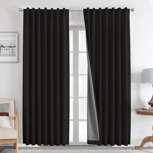 Joydeco Natural Linen Curtains 120 inch Length 2 Panels Set Burg 100% Blackout Patio Door Curtain Room Darkening Sliding Door Curtains Thermal Insulated Back tab Rod Pocket(105x120 inch, Black)