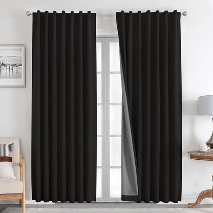 Joydeco Natural Linen Curtains 84 inch Length 2 Panels Set Burg 100% Blackout Patio Door Curtain Room Darkening Sliding Door Curtains Thermal Insulated Back tab Rod Pocket(105x84 inch, Black)