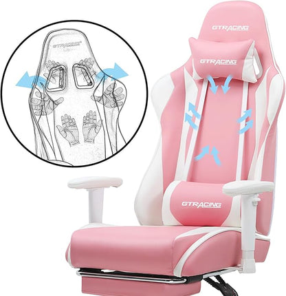 GTRACING Gaming Chair with Footrest, Ergonomic Computer Game Desk Chair, Reclining Gamer Chair Seat Height Adjustment, Swivel Rocker with Headrest and Lumbar (Pink)