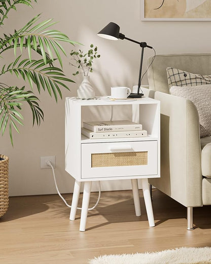 Bedroom Nightstands Wooden Night Stands with Rattan Weaving Drawer Home Bedside End Table for Bedroom Storage (Modern-White)