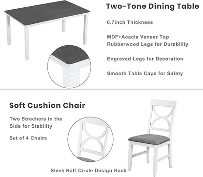 Ball & Cast 6 Piece Wood Dining Table Set,Kitchen Table Set with Upholstered Bench and 4 Dining Chairs,Farmhouse Living Room Furniture w/Carved Legs & Round Backrest,for Dining Room,Gray+White
