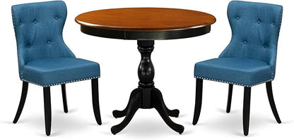 East West Furniture AMSI3-BCH-21 3 Piece Dinette Set for Small Spaces Contains a Round Kitchen Table with Pedestal and 2 Blue Linen Fabric Parson Dining Chairs, 36x36 Inch, Black & Cherry
