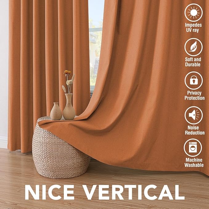 H.VERSAILTEX 100% Blackout Curtains for Bedroom Thermal Insulated Linen Textured Curtains Heat and Full Light Blocking Drapes Living Room Curtains 2 Panel Sets, Orange, 52x72 Inch