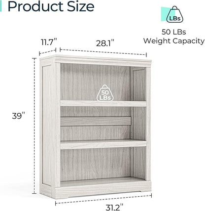 LINSY HOME 3-Tier Bookcase and Bookshelf, Small Wood Display Storage Shelves Farmhouse Bookshelf for Home Office, Living Room, Bed Room - White Oak