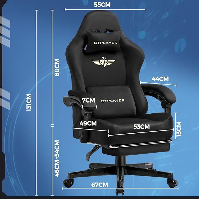 GTPLAYER Gaming Chair Fabric with Pocket Spring Cushion, High Back Ergonomic Computer Chair with Footrest for Adults Lumbar Support Swivel Game Chair for Office Gaming 350LBS, Black