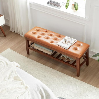 Upholstered Shoe Bench Entryway Bench for Bedroom, End of Bed, Ottoman Bench Tufted Padded Seat with Solid Wood Shelf for Living Room, Faux Leather Cognac Brown