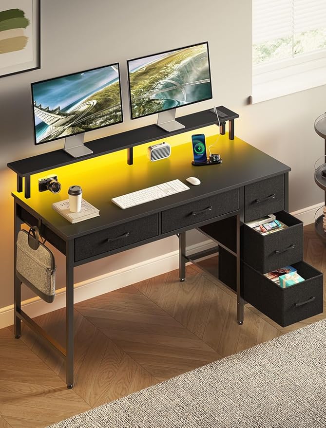 Seventable Computer Desk with Power Outlets & LED Light, 39 inch Home Office Desk with 5 Drawers, Writing Desk with Monitor Stand,Work Desk for Home Office, Black