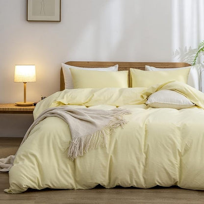 BESTOUCH Duvet Cover Set 100% Washed Cotton Linen Feel Super Soft Comfortable Chic Lightweight 3 PCs Home Bedding Set Solid Light Yellow King