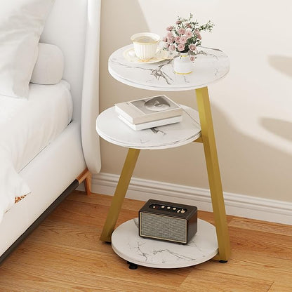BEWISHOME Round End Table Marble Side Table with Metal Frame, Small Nightstand with 3-Tier Shelves, Night Stand for Living Room Bedroom Tall Gold White Stand KTZ41J