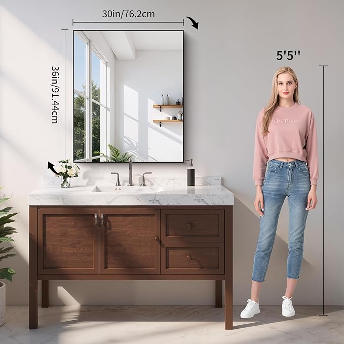 YIROMAN Bathroom Mirror 30"x36", Matte Black Bathroom Mirror for Over Sink with Aluminum Frame, Rectangular Vanity Mirror with Right Angle, Wall Mirror Hangs Horizontal or Vertical, Shatterproof