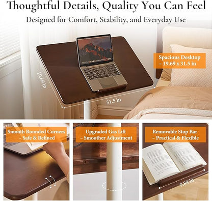 Adjustable Computer Desk, Solid Wood Folding Desk with Wheels, Mobile Home Office Laptop Table, Sit Stand Workstation, Rolling Desk, 28.35-42.52 H x 31.5 W x 19.69 D Inches, Walnut
