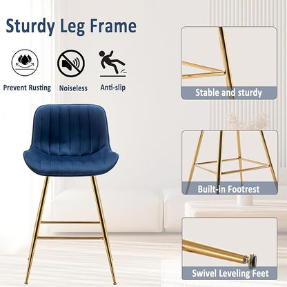 Sidanli Blue Bar Stools Set of 2, 24 Inch Velvet Counter Height Bar Stools with Footrests, Modern Bar Chairs for Home, Kitchen Island, Dining Room